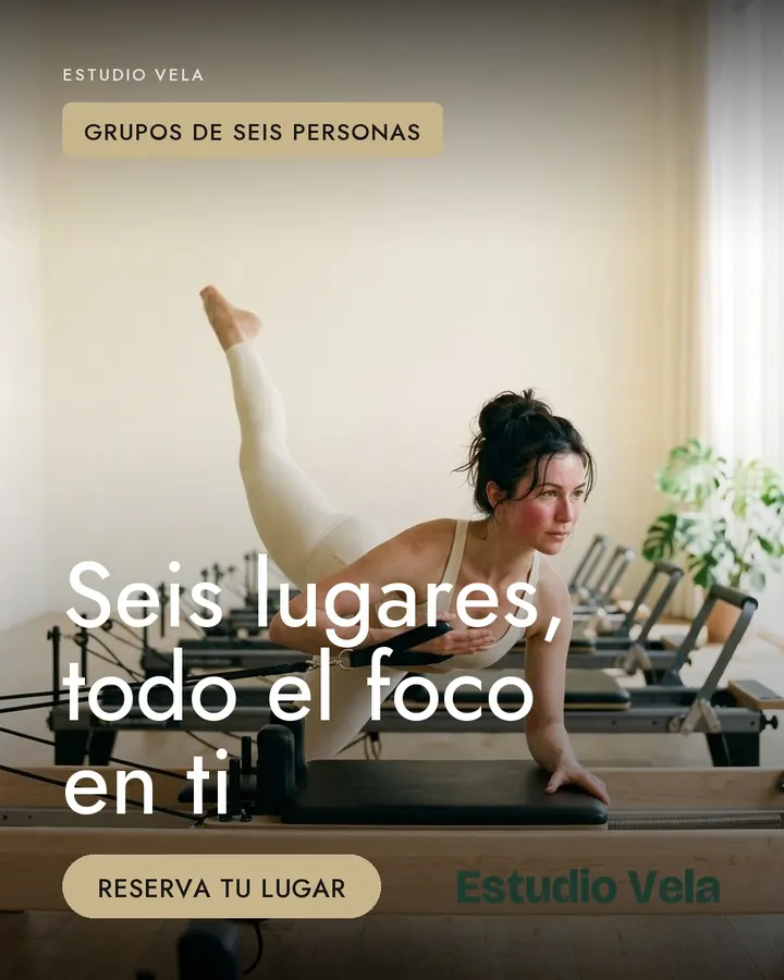 Post de Estudio Vela, un estudio de pilates inventado para el ejemplo: «Seis lugares, todo el foco en ti», con la ficha «Grupos de seis personas» y el botón «Reserva tu lugar»