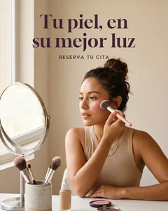 Ejemplo para estéticas: una mujer se pone rubor frente a su espejo, con el titular «Tu piel, en su mejor luz»