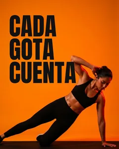 Ejemplo para fitness y pilates: una atleta en plancha lateral sobre fondo naranja, con el titular «Cada gota cuenta»