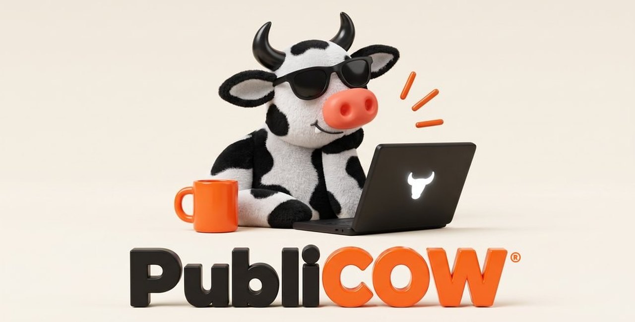 COWBB, la vaca de peluche con lentes oscuros, frente a su laptop junto al nombre PubliCOW en letras 3D