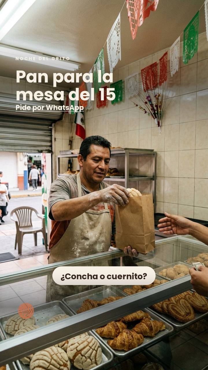 Historia: el panadero entrega la bolsa de pan, con la pregunta ¿Concha o cuernito?