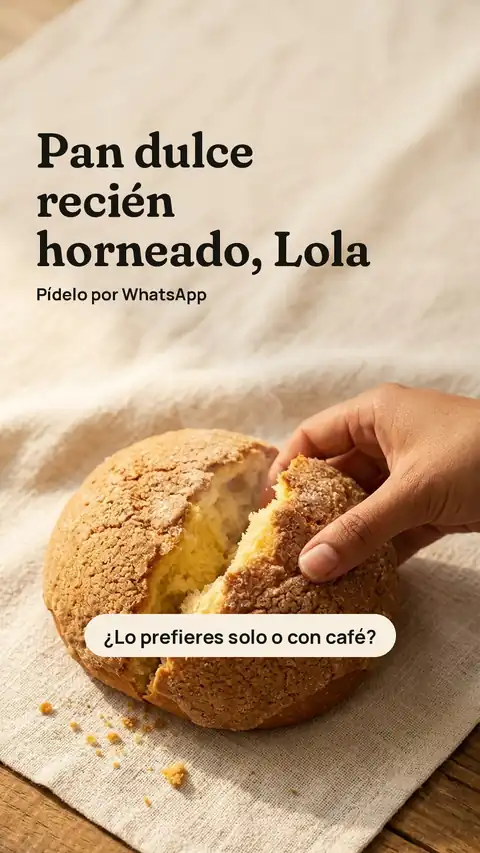 Historia del ejemplo: una mano parte la concha sobre una servilleta de lino, con la encuesta «¿Lo prefieres solo o con café?»