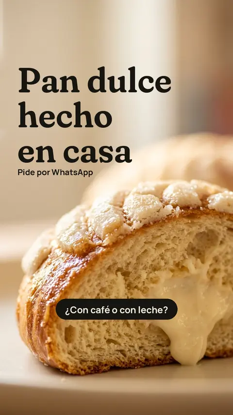 Historia del ejemplo: una concha partida con relleno de crema, con el titular «Pan dulce hecho en casa» y la encuesta «¿Con café o con leche?»