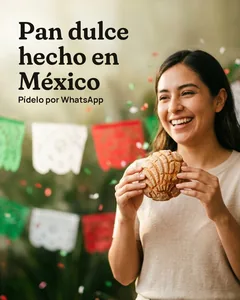 Propuesta «El mes» del ejemplo: una mujer con su concha entre papel picado, con el titular «Pan dulce hecho en México»