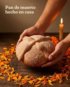 Propuesta «El mes» del ejemplo: unas manos sostienen un pan de muerto entre pétalos de cempasúchil y una vela, con el titular «Pan de muerto hecho en casa»