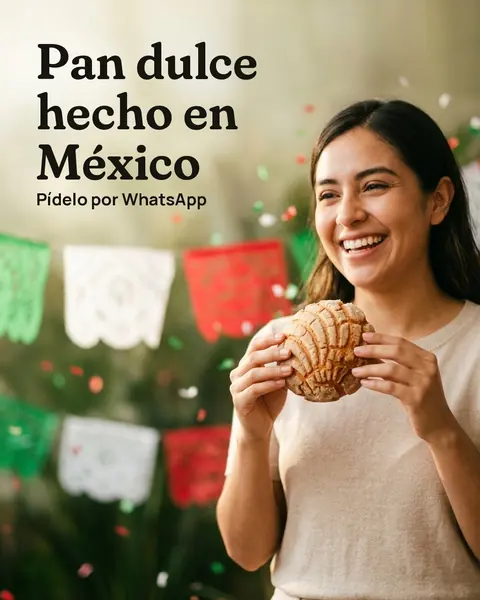 Post 2 del ejemplo, con el tema del mes: una mujer con su concha entre papel picado, con el titular «Pan dulce hecho en México»