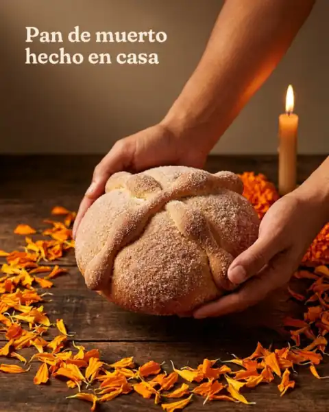 Post 2 del ejemplo, con el tema del mes: unas manos sostienen un pan de muerto entre cempasúchil, con el titular «Pan de muerto hecho en casa»