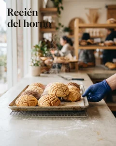 Propuesta «La tendencia» del ejemplo: charola de pan dulce recién salido del horno, con vapor, en una panadería luminosa y moderna, y el titular «Recién del horno»